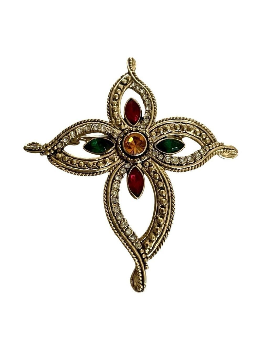 Vintage Celtic Cross aBrooch Gold-Tone, Colored Oval Rhinestones.